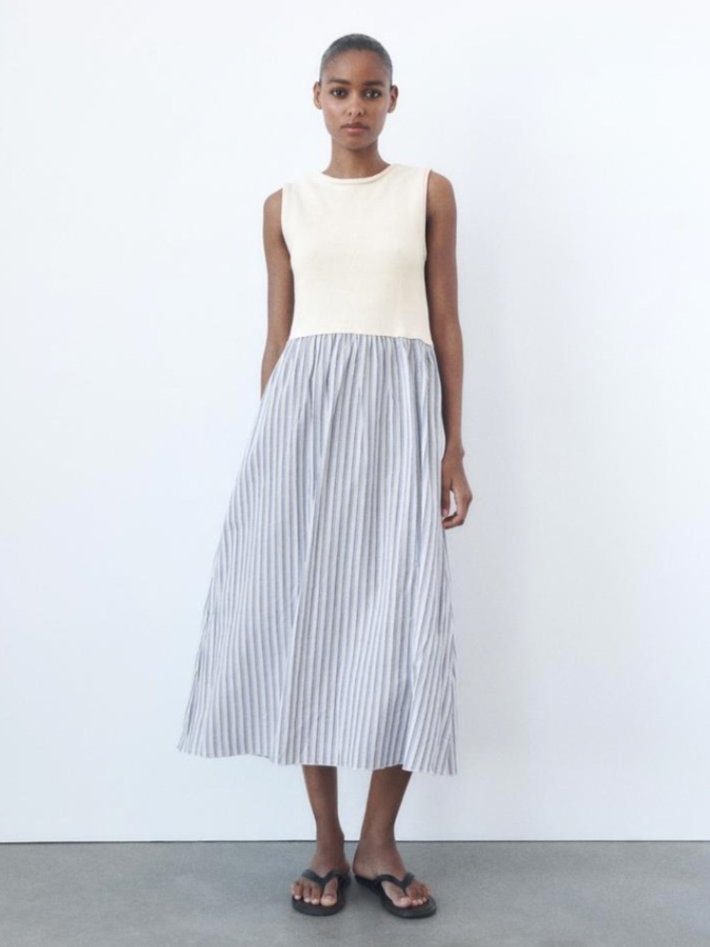 Zara Contrast Midi Dress Cream Knit with Blue-White Stripes Cotton Nautical